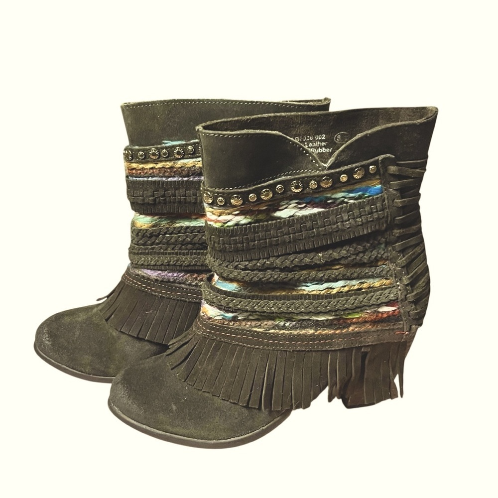 Naughty Monkey Poncho Fringe Ankle Boots Size 8 Dark Brown/Multicolor